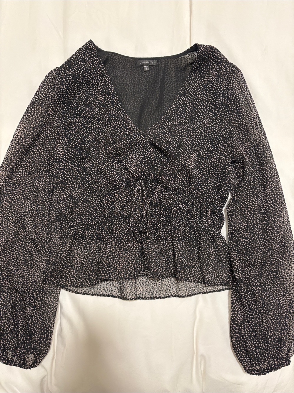 Dynamite Black & White Dot Print V-Neck Drawstring Waist Blouse